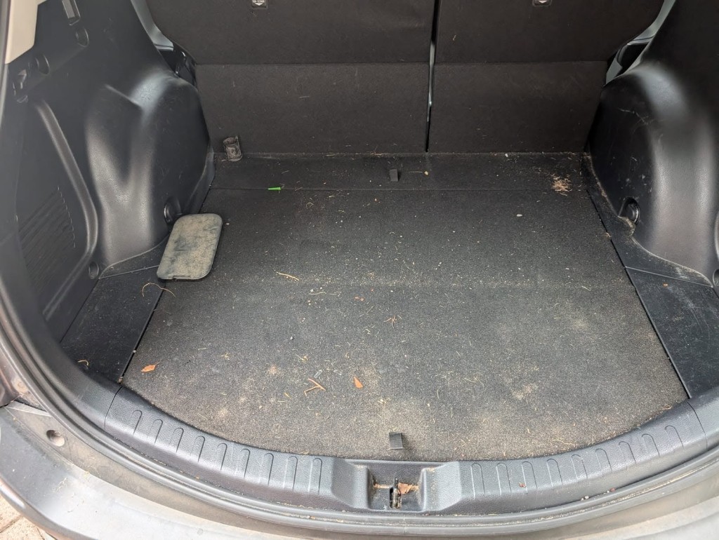 SUV boot before — debris, dirt and leaves on carpet